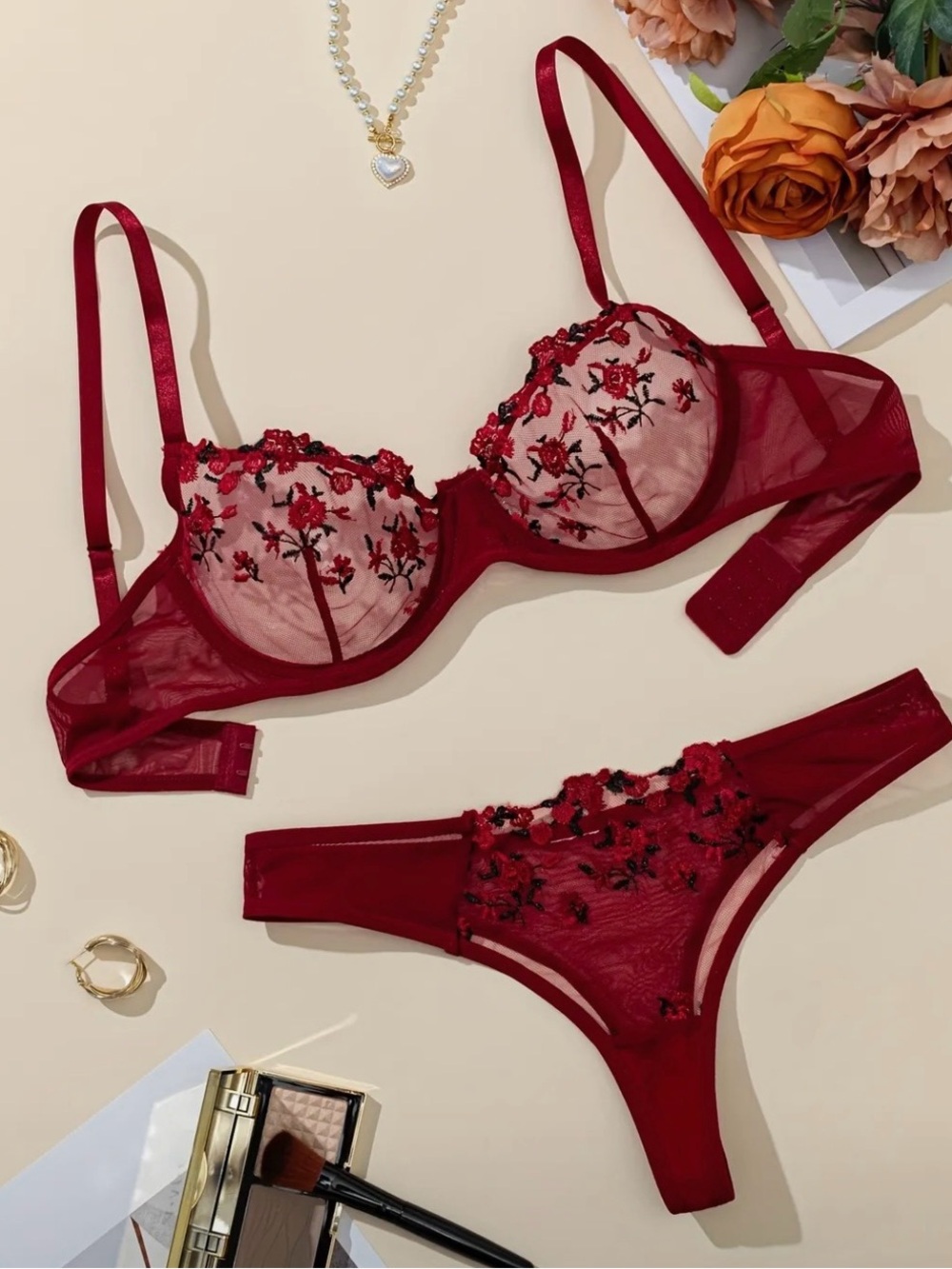 Red floral lace lingerie set #lingerie #intimates #loungewear